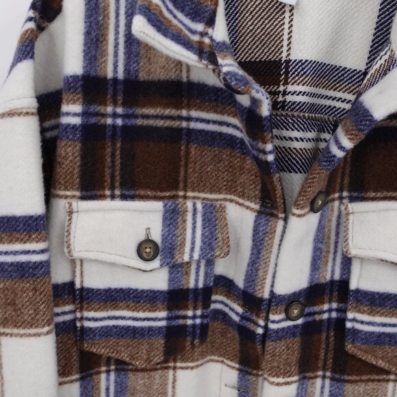 Oversized Plaid Shacket Brown Tan and Blue Medium - Picture 4 of 11